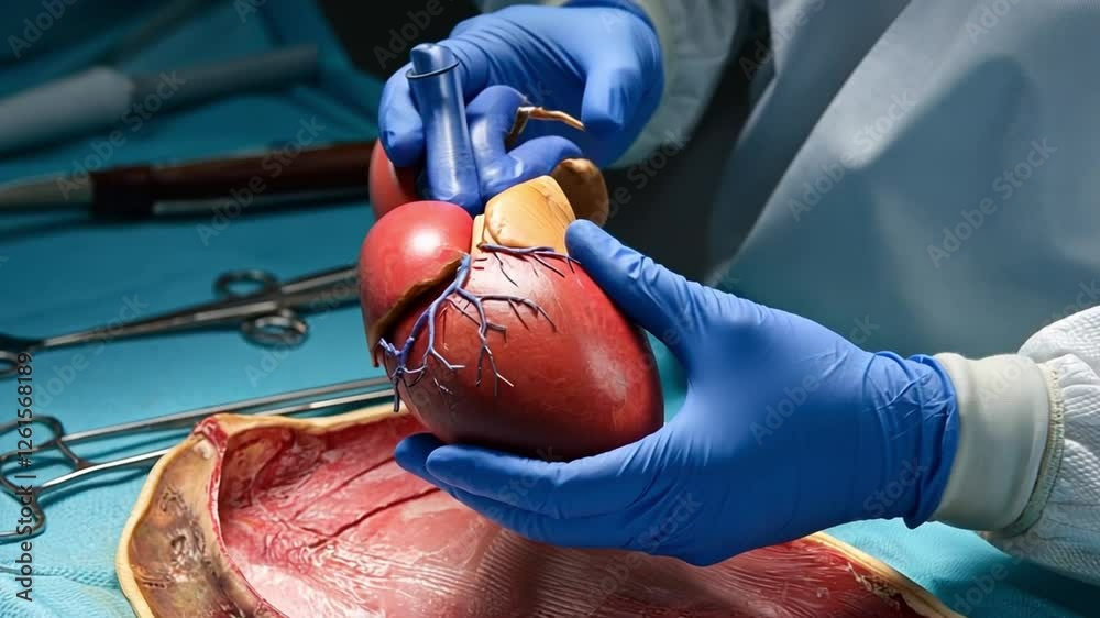 Forensic scientist’s gloved hands holding a human heart during autopsy with instruments and books nearby.