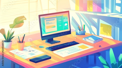 Vibrant office scene of small business owner creating a strategy for low cost operations financial documents and tech tools on desk