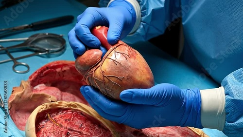 Forensic scientist’s gloved hands holding a human heart during autopsy with instruments and books nearby.