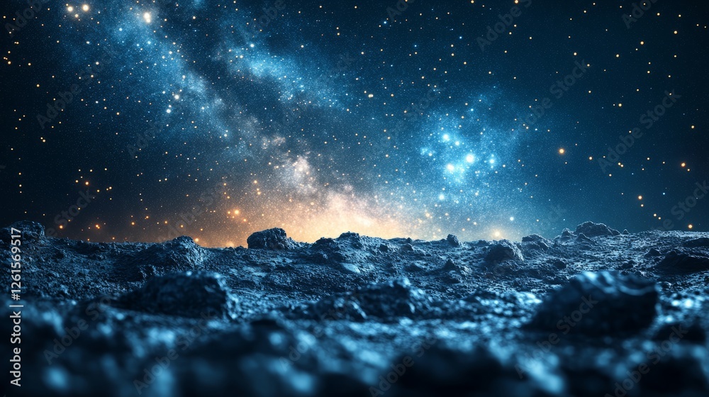 Fototapeta premium Meteorite fragments on rocky terrain, symbolizing cosmic exploration and scientific discovery. 