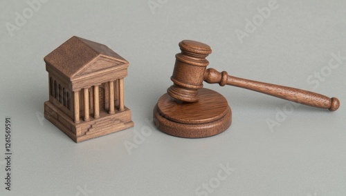 Wooden courthouse model and gavel on gray background (1) photo