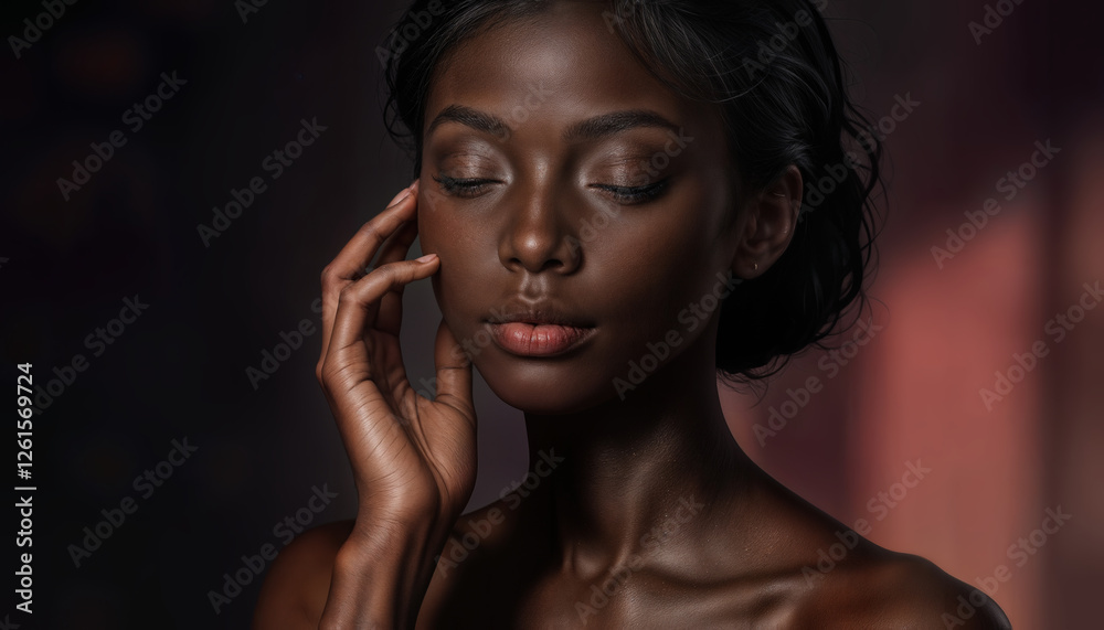 Modern Icon: A Striking Low‑Key Portrait of a Confident Black Woman in a Mysterious Setting. pink light on the backdrope. eyes are closed Modern Icon: A Striking Low‑Key Portrait of a Confident Black Woman in a Mysterious Setting. pink light on the backdrope. eyes are closed