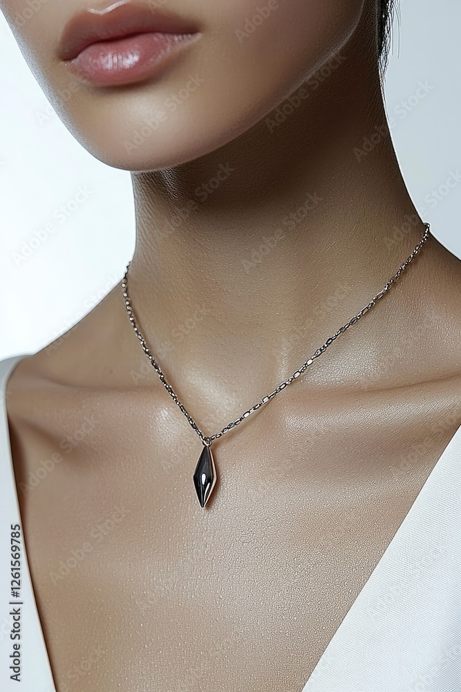 Elegant Silver Diamond Pendant Necklace on Woman's Neck Elegant Silver Diamond Pendant Necklace on Woman's Neck