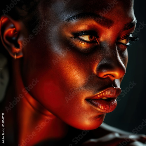 Mysterious Beauty: A Dramatic Close‑Up of a Dark‑Skinned Woman with Expressive, Bold Features.  with side red light on her skin