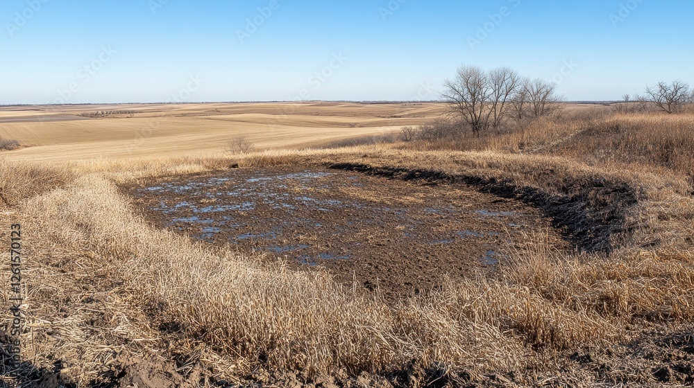 Serene Landscape of Dry Marshland with Open Sky and Distant Hills Serene Landscape of Dry Marshland with Open Sky and Distant Hills