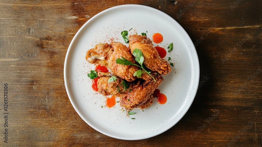 A plate of crispy fried chicken wings garnished with herbs and sauces. A plate of crispy fried chicken wings garnished with herbs and sauces.