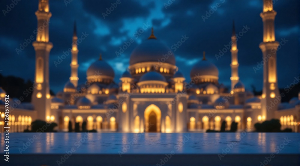 Fototapeta premium A sleek modern table in the foreground with a softly blurred grand mosque at night, illuminated by golden and blue lights.
