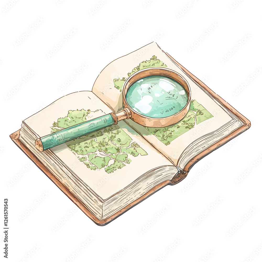 A detailed open book with a magnifying glass resting on its pages, highlighting illustrations and text within. isolated on white background A detailed open book with a magnifying glass resting on its pages, highlighting illustrations and text within. isolated on white background