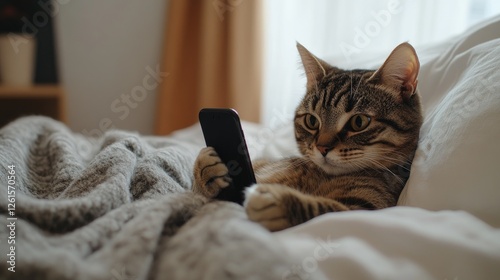 A cute cat lying in bed, pawing at a phone, reflecting the playful nature of pets and their curiosity in a warm, inviting bedroom setting