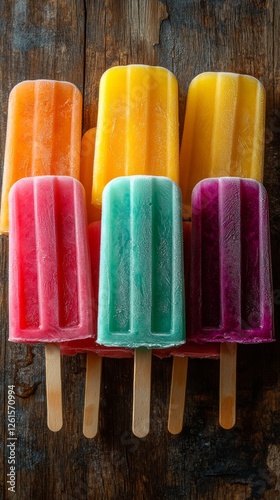 Frozen Delight: A Colorful Array of Popsicles on Rustic Wood, a Perfect Treat for a Hot Summer Day!