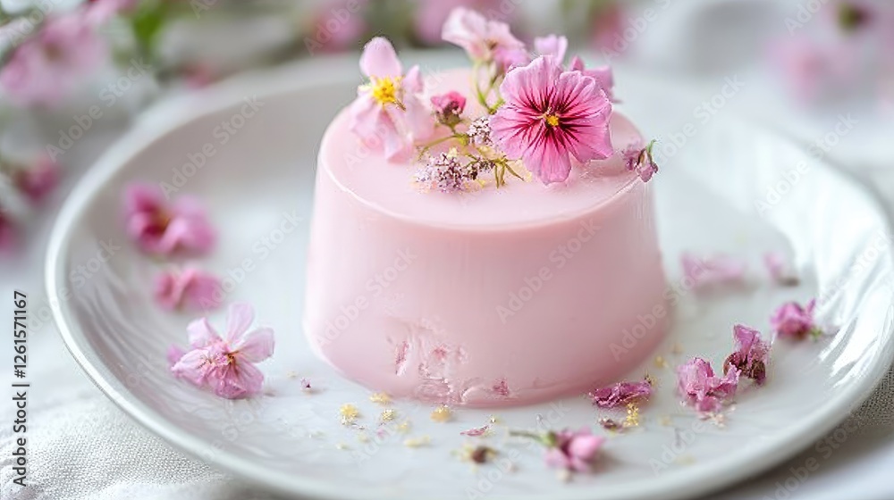 A delicate pink mousse with floral details, elegantly served on a white plate, offering a touch of elegance and sweetness, perfect for fine dining or desserts A delicate pink mousse with floral details, elegantly served on a white plate, offering a touch of elegance and sweetness, perfect for fine dining or desserts