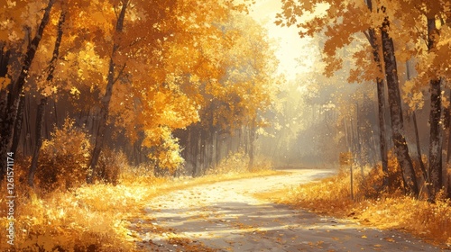 Golden Autumn Road: A Serene Pathway Through Sun-Kissed Trees and Scattered Leaves, Bathed in Warm Light and Whispering with the Gentle Breeze of Fall.