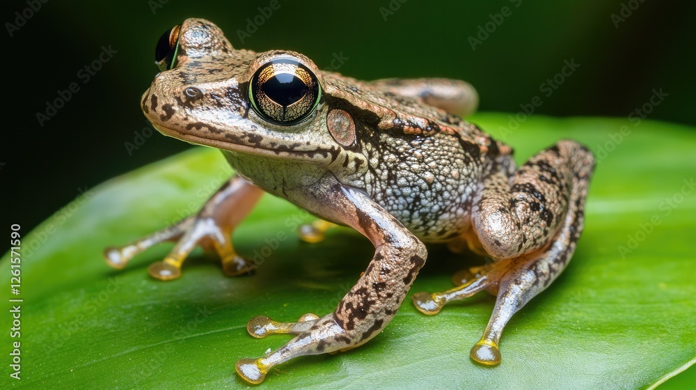 A detailed shot of a frog on a green leaf, with the vibrant colors of the amphibian contrasting beautifully against the lush green backdrop of its habitat A detailed shot of a frog on a green leaf, with the vibrant colors of the amphibian contrasting beautifully against the lush green backdrop of its habitat