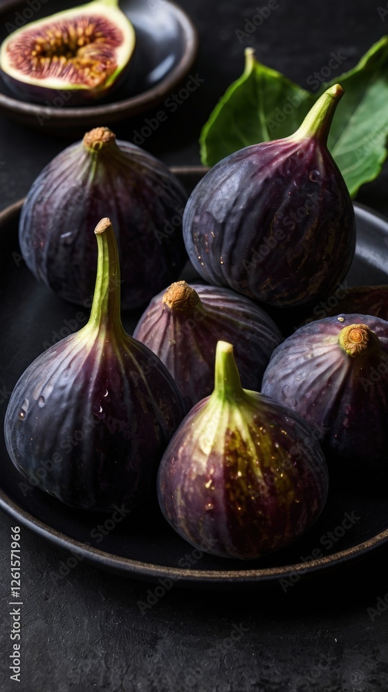 Fototapeta premium Luxurious Fresh Figs: A Stunning Top-View Close-Up on a Sleek Black Plate