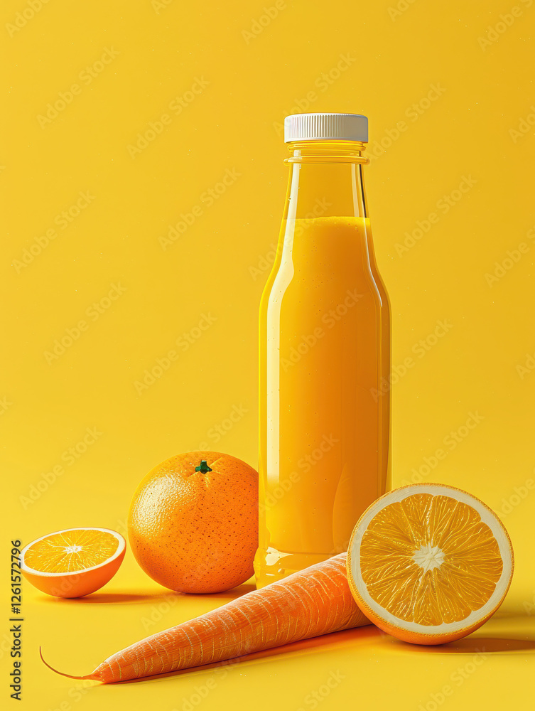 A bottle of orange juice surrounded by oranges and a carrot on a bright yellow background. A bottle of orange juice surrounded by oranges and a carrot on a bright yellow background.