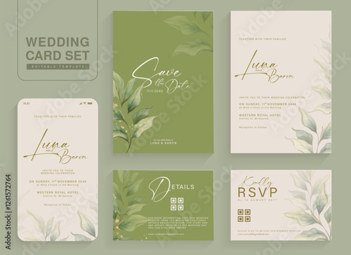 Set of Aesthetic Green Wedding Invitation Template with Green Leaves Watercolor
