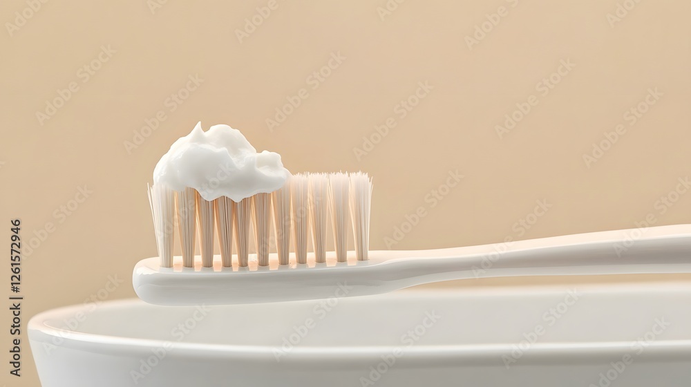 Toothbrush with toothpaste sits on the edge of a bowl Toothbrush with toothpaste sits on the edge of a bowl