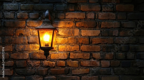 A flickering gas light on an old brick wall, evoking warmth and history, ideal for capturing nostalgic or vintage themes in an evening setting
