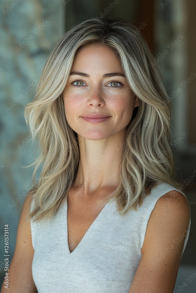 Portrait of a Beautiful Woman with Blonde Hair and Green Eyes, Wearing a Sleeveless Top, Smiling Gently with Natural Light and Soft Focus on the Background. Portrait of a Beautiful Woman with Blonde Hair and Green Eyes, Wearing a Sleeveless Top, Smiling Gently with Natural Light and Soft Focus on the Background.