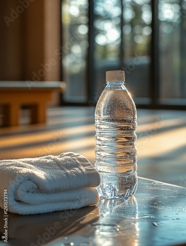 Stay Hydrated: Fresh Water Bottle and Folded Towel on a Wooden Surface in a Sunny Gym with Bokeh Lights.