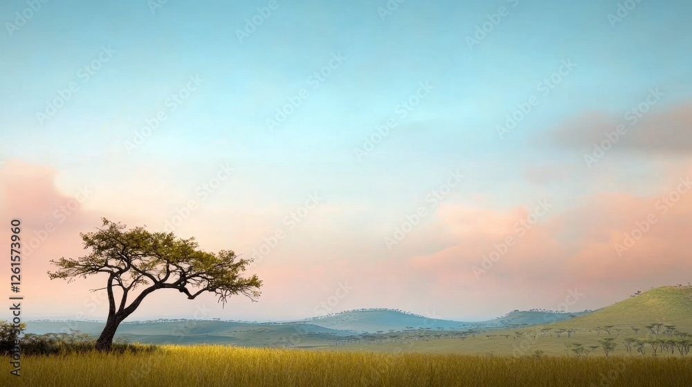 Serene Landscape with Single Tree under Soft Evening Sky Serene Landscape with Single Tree under Soft Evening Sky