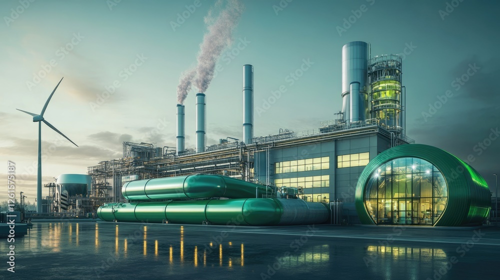 Obraz premium A high-tech green factory with hydrogen pipelines and wind turbines, symbolizing a sustainable approach to energy production and environmental stewardship
