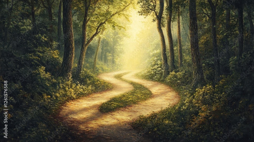 Naklejka premium Pasteltoned depiction of a forked path in a serene forest, with one path bathed in light and the other in shadow, representing a choice filled with uncertainty