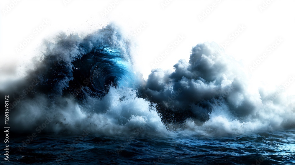Dramatic Ocean Wave In Full Action With Blue And White Colors