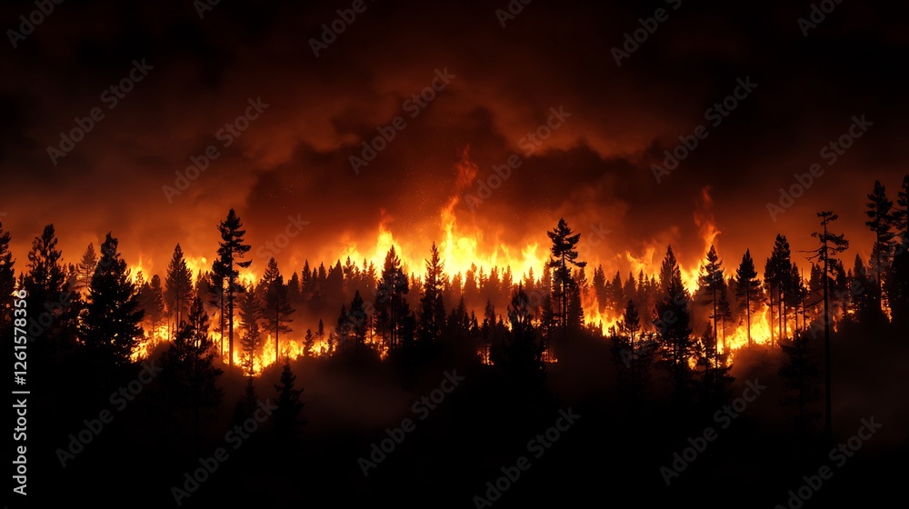 Dramatic Wildfire Illuminating a Forest at Night with Orange Flames and Smoke
