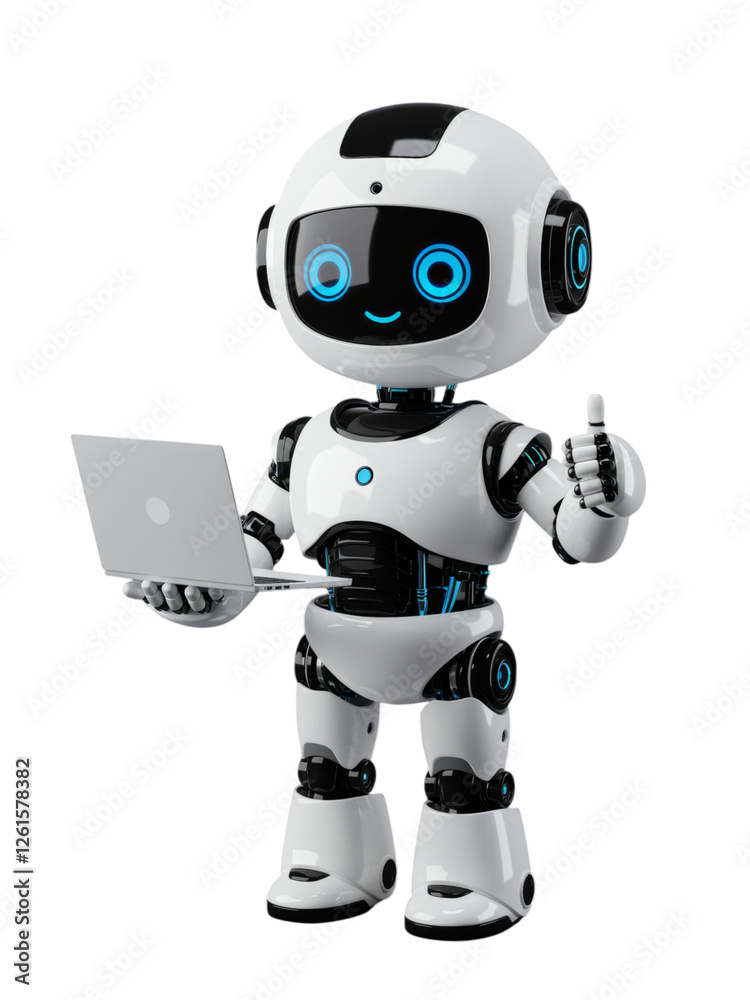 Cute Robot Holding Laptop and Giving Thumbs Up Cute Robot Holding Laptop and Giving Thumbs Up