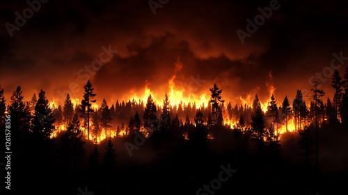 Obraz na płótnie Dramatic Wildfire Illuminating a Forest at Night with Orange Flames and Smoke w salonie