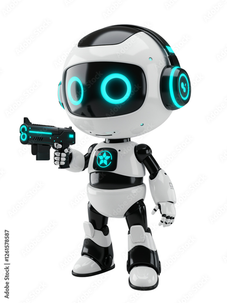 Cute Robot Holding a Futuristic Gun, Ready for Action Cute Robot Holding a Futuristic Gun, Ready for Action