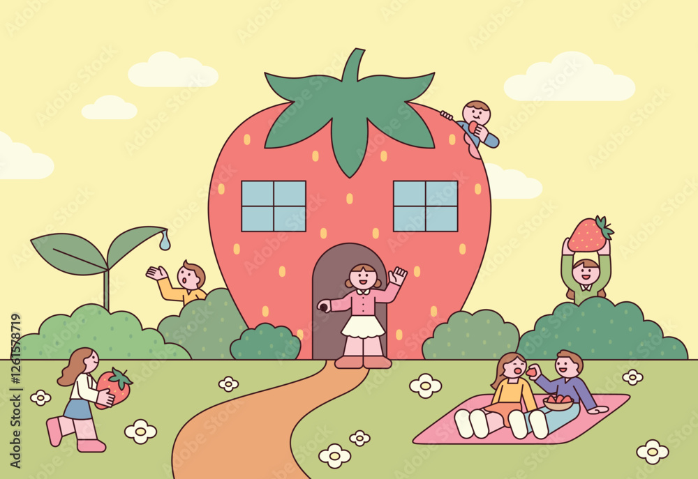 Obraz premium Whimsical strawberry house with happy people enjoying a picnic and harvesting berries. Cute fantasy vector illustration in pastel colors, perfect for children's stories, fairy tales, and farm-themed