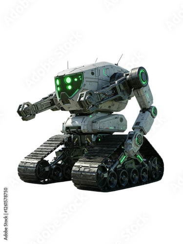 Futuristic battle robot with glowing green eyes stands ready.
