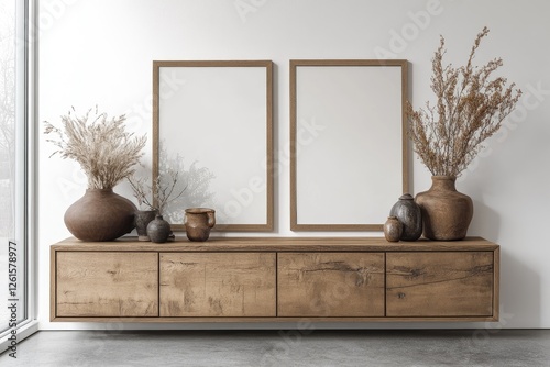 Modern farmhouse entryway display with blank frames and decorative pottery
