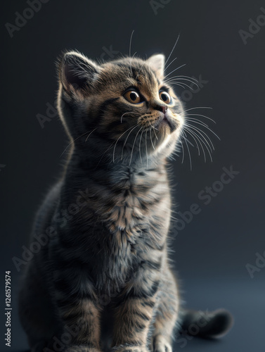 A close-up of a curious kitten with striking eyes against a dark background.