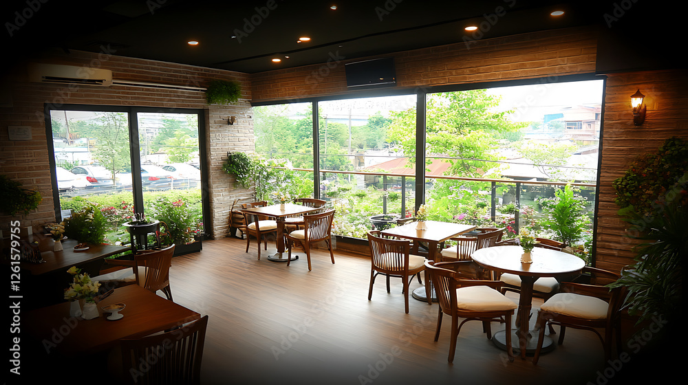 Fototapeta premium Bright Restaurant Interior with Wooden Furniture and View of Outdoor Greenery and Balcony Flowers