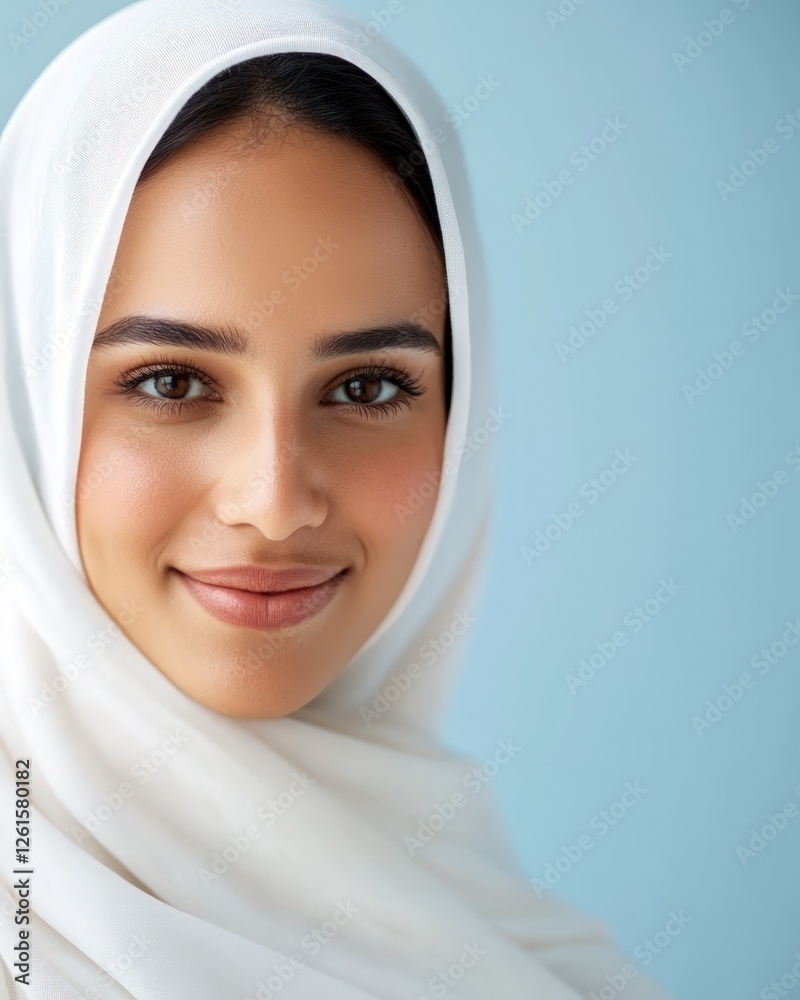 Portrait Of A Person In White Headscarf Wearing A Headscarf With A Friendly Expression On A Light Blue Background and Soft Focus. Close Up Photograph of a person with a pleasant expression wearing a Portrait Of A Person In White Headscarf Wearing A Headscarf With A Friendly Expression On A Light Blue Background and Soft Focus. Close Up Photograph of a person with a pleasant expression wearing a