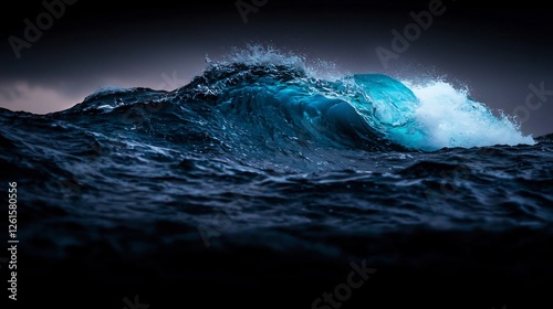 Dynamic Blue Ocean Wave Reaching Peak with Turbulent Motion and Dark Background