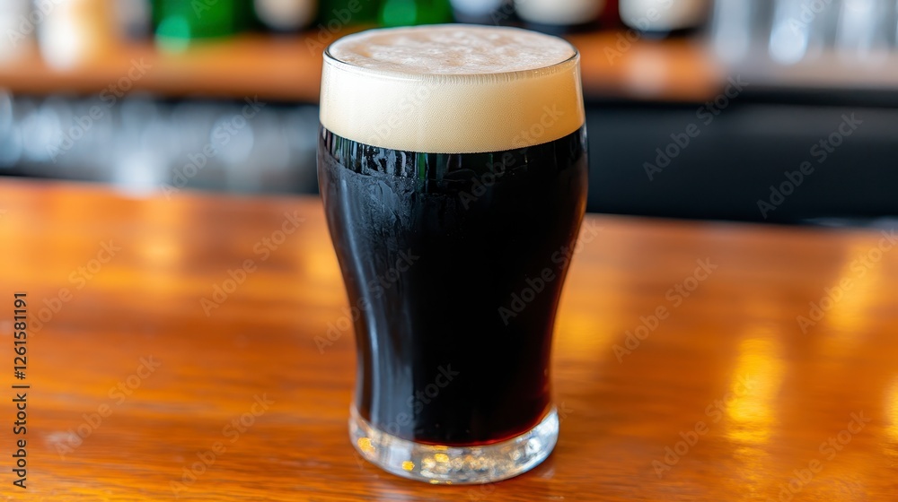 Dark Beer in a Glass with Foamy Head on a Wooden Bar Counter Dark Beer in a Glass with Foamy Head on a Wooden Bar Counter