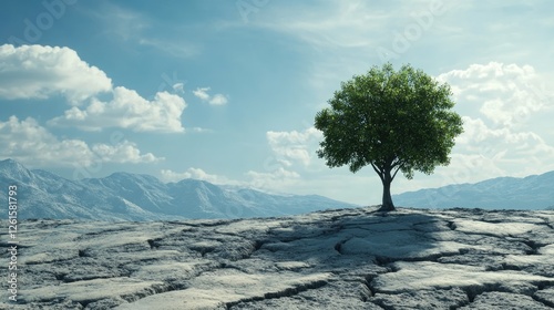 A stark, cracked landscape with a solitary tree, offering a dramatic view and space for creative text or graphic design elements