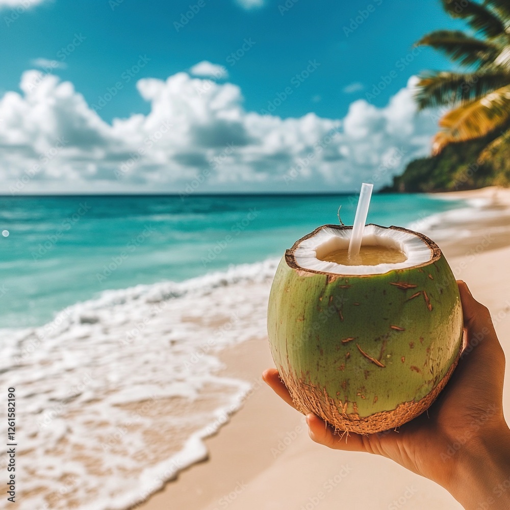 Refreshing coconut drink on tropical beach. Refreshing coconut drink on tropical beach.