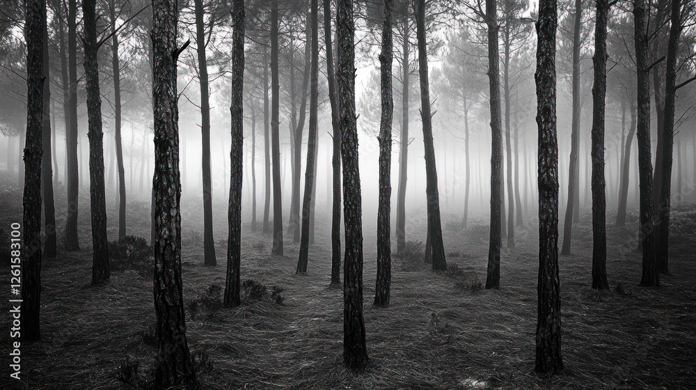 Fototapeta premium A misty forest scene with tall trees shrouded in fog, creating a mysterious atmosphere.