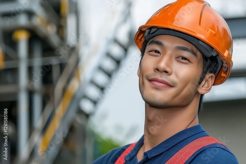 Young Construction Worker Smiling with Safety Helmet at Industrial Site in Bright Orange Color photo