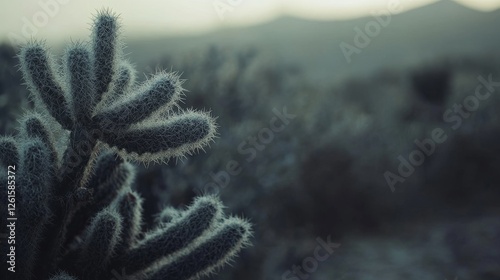78.A captivating perspective of a teddy-bear cholla cactus, showcasing its unique texture and spiky silhouette, with the expansive desert environment softly blurred in the background.