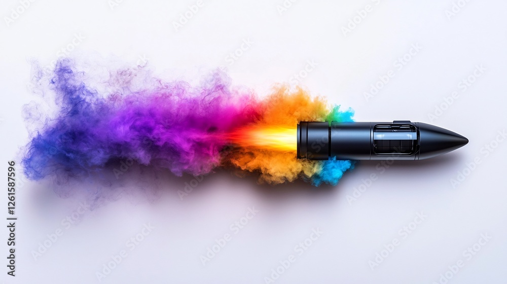 Futuristic Rocket with Colorful Smoke Trail on White Background