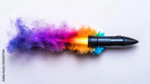 Futuristic Rocket with Colorful Smoke Trail on White Background