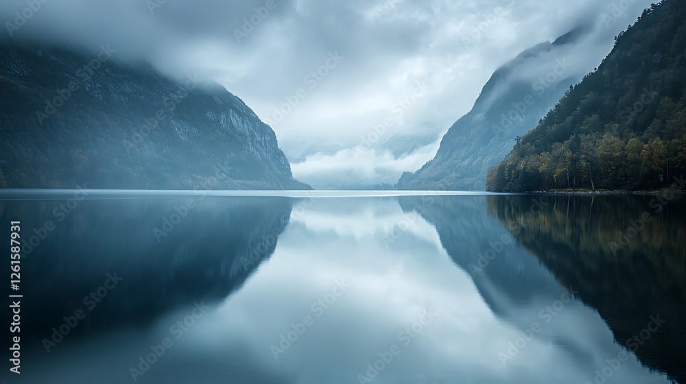 Fototapeta premium A peaceful lake under a cloudy sky with the still water mirroring the gentle shades grey