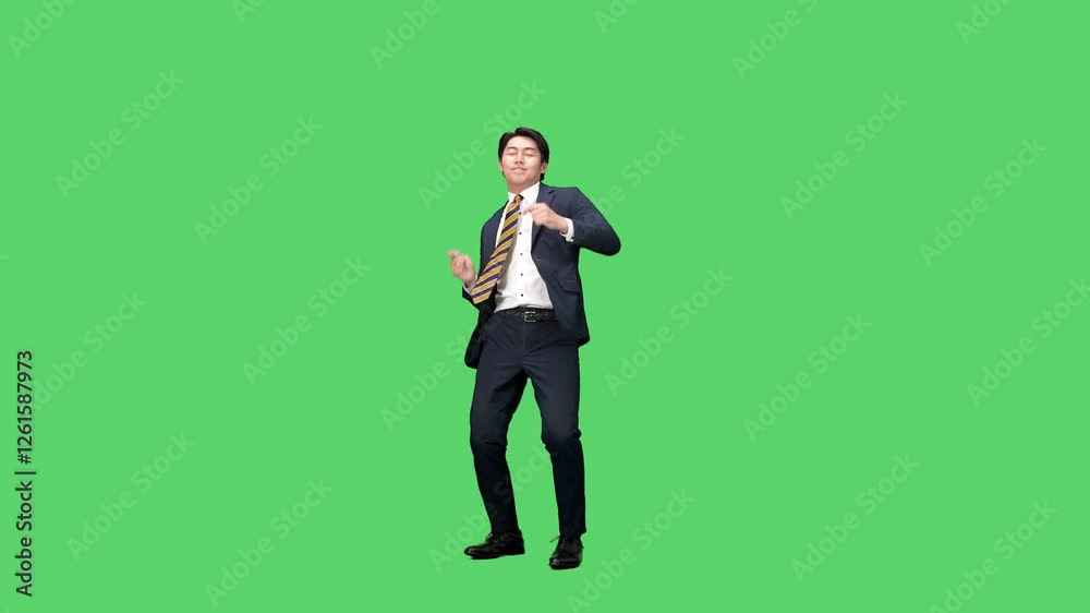 スーツを着てダンスする男性ビジネスパーソンの全身動画 クロマキー合成用グリーンバック スーツを着てダンスする男性ビジネスパーソンの全身動画 クロマキー合成用グリーンバック
