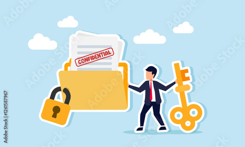 Businessman holds a key and stands next to a locked folder containing documents labeled CONFIDENTIAL, illustration of business company document confidentiality